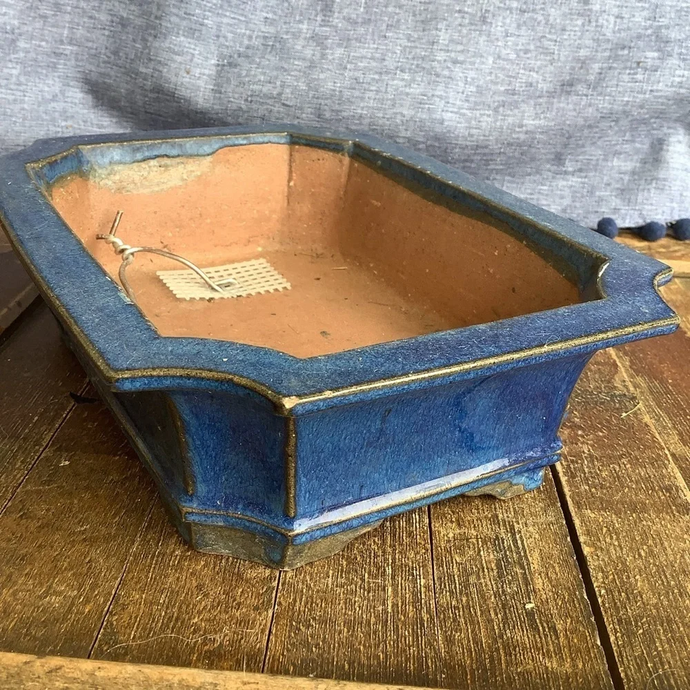 Two Vintage Green Indigo Blue Pottery Planters